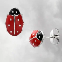 Boucles d'oreilles coccinelle en acier inoxydable, argentées pour enfant de couleur rouge et noir