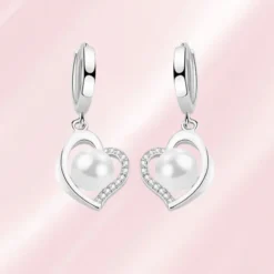 Boucles d'oreilles pendantes femme en argent 925, cœur ouvert serti de zirconiums et perle nacrée blanche - Ophélie Bijoux