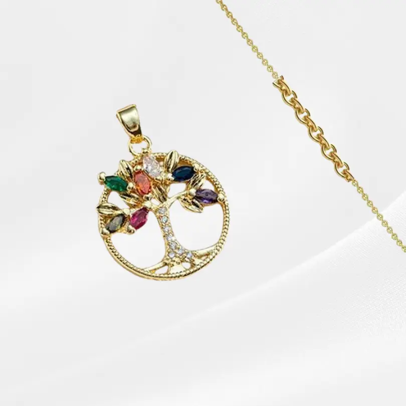 Pendentif Arbre de vie 3 Pendentif Arbre de Vie en acier inoxydable plaqué or, ajouré avec un arbre aux branches serties de zircons multicolores
