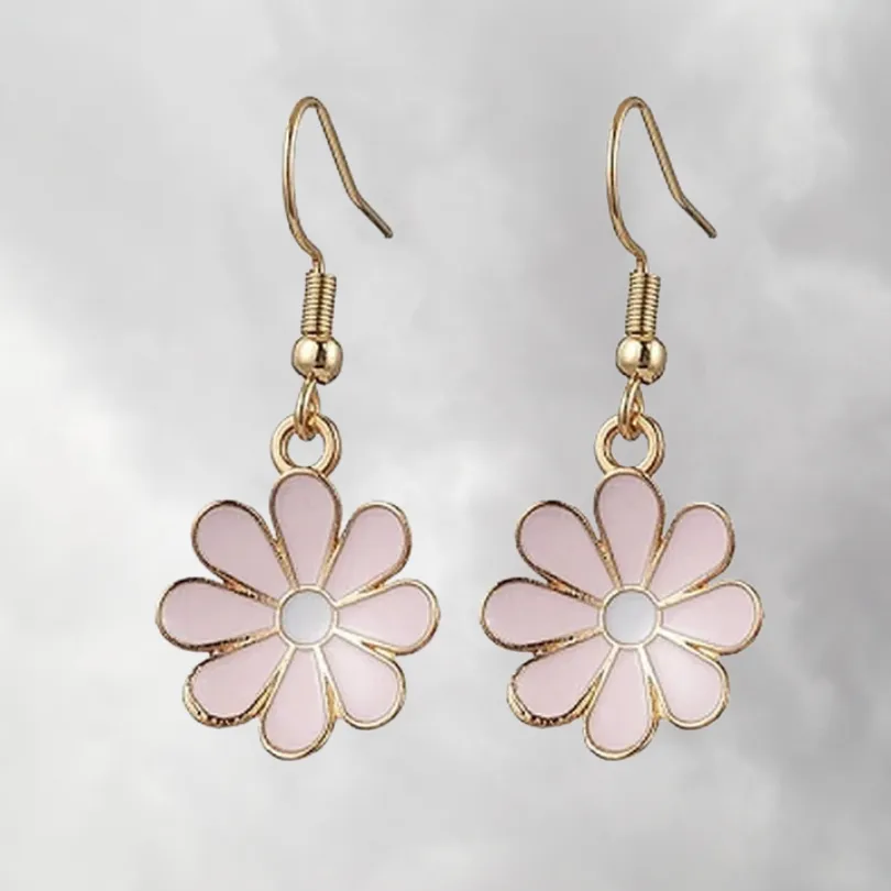 Boucle d'oreille Marguerite 5 Boucles d'oreilles pendantes en forme de marguerite, pétales émaillés roses avec cœur blanc, monture dorée en acier inoxydable, bijou fantaisie floral léger pour femme