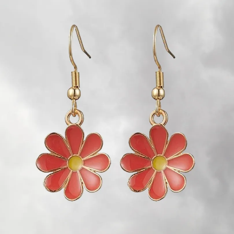 Boucle d'oreille Marguerite 4 Boucles d'oreilles pendantes en forme de marguerite, pétales émaillés rouges avec cœur jaune, monture dorée en acier inoxydable, bijou fantaisie floral léger pour femme