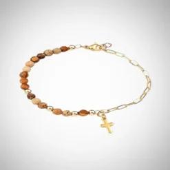 Bracelet Chrétien 9 Bracelet chrétien perles de jaspe paysage et chaîne dorée avec breloque croix – bijou religieux femme
