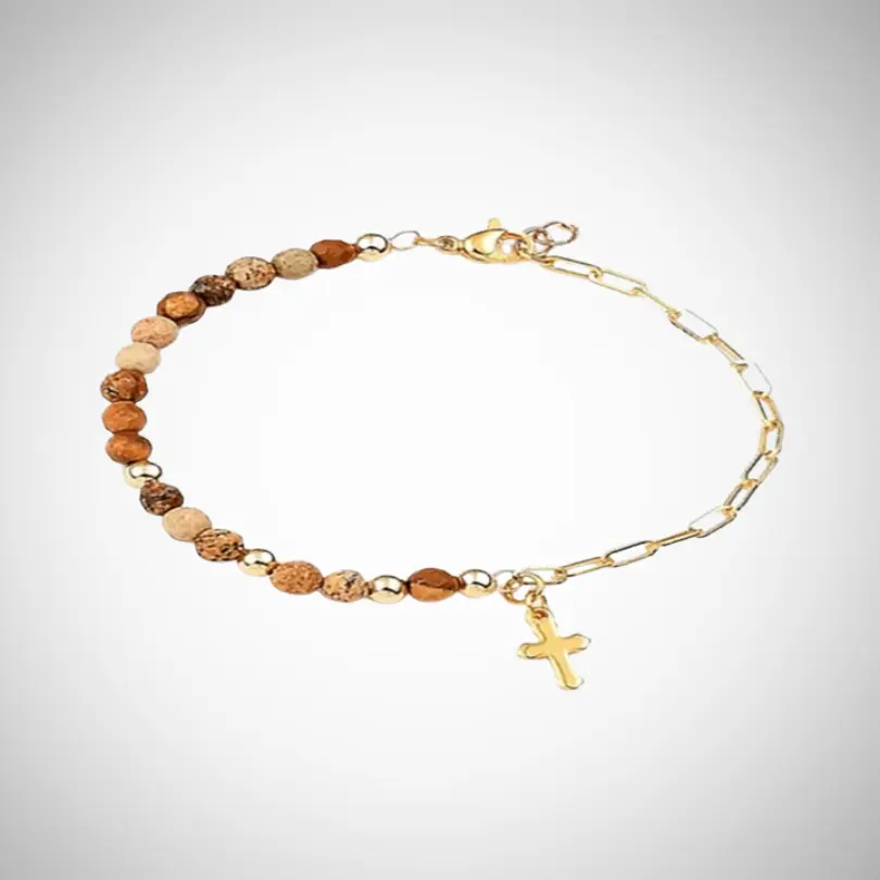 Bracelet Chrétien 5 Bracelet chrétien perles de jaspe paysage et chaîne dorée avec breloque croix – bijou religieux femme
