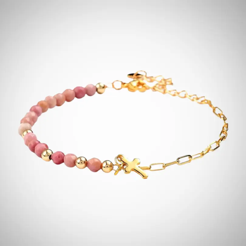 Bracelet Chrétien 2 Bracelet Chrétien femme perles naturelles rhodonite avec breloque croix chrétienne dorée — bijou religieux ajustable 18+5 cm
