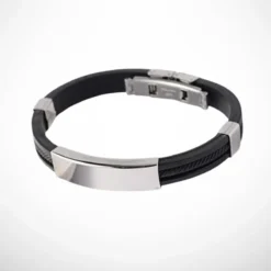 Accueil 35 Bracelet Homme en Cuir | acier inoxydable avec cordon noir et plaque centrale argentée polie, fermoir à charnière, fond blanc