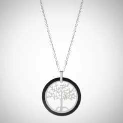Colliers Arbre de Vie en acier inoxydable 316 argenté, pendentif ajouré arbre de vie cerclé d'un anneau en céramique anthracite noire, chaîne fine réglable, symbole de croissance et d'enracinement