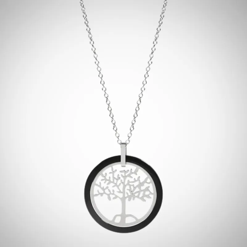 Colliers Arbre de Vie 1 Colliers Arbre de Vie en acier inoxydable 316 argenté, pendentif ajouré arbre de vie cerclé d'un anneau en céramique anthracite noire, chaîne fine réglable, symbole de croissance et d'enracinement
