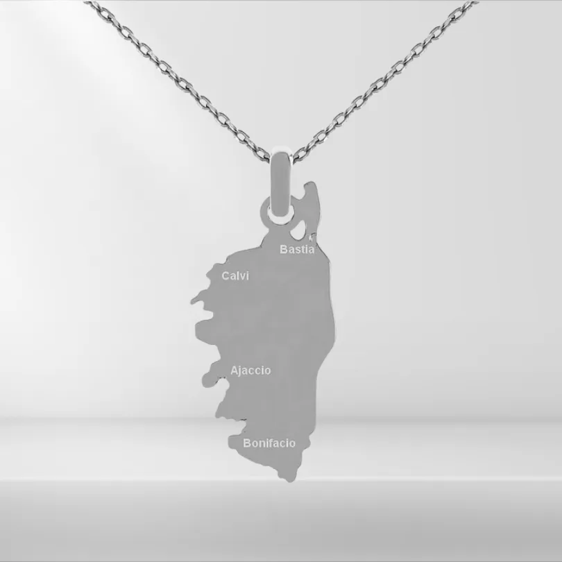 Pendentif Corse 2 Pendentif carte de Corse en acier inoxydable couleur argent, avec les villes Bastia, Calvi, Ajaccio et Bonifacio gravées