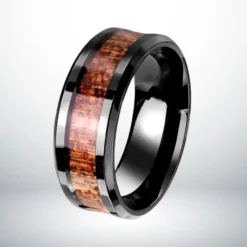 Bague bande centrale noire homme acier inoxydable bois marron naturel – alliance anneau 7mm
