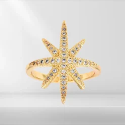 Bague étoile du nord femme dorée réglable pavée de zirconiums blancs sertis, plaquage or 1 micron, fond gris neutre