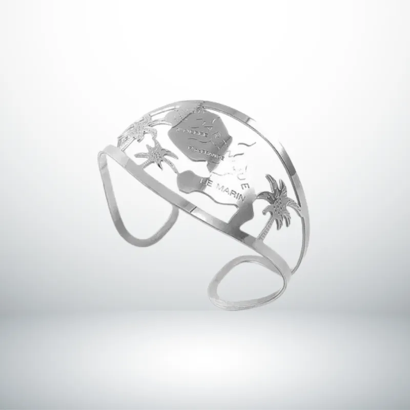 Bague Martinique 2 Bague Martinique en acier argenté inoxydable, avec carte de l'île ciselée, palmiers et villes gravées — bijou antillais 972