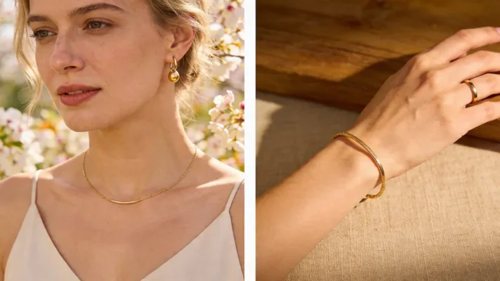 Quels bijoux porter selon les saisons ? 2 Femme portant des bijoux dorés fins, collier ras du cou, boucles d’oreilles pendantes, bracelet jonc et bague, dans une lumière naturelle chaleureuse