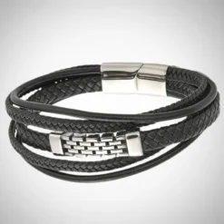 Accueil 29 Bracelet tressé cuir homme multi-rangs noir et acier inoxydable argenté, avec fermoir magnétique, vue de face