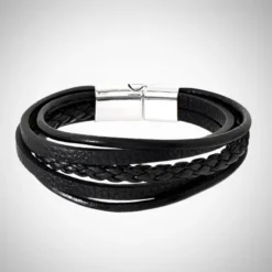 Accueil 30 Bracelet homme multi-rangs en cuir noir avec tresse centrale et fermoir magnétique en acier inoxydable argenté