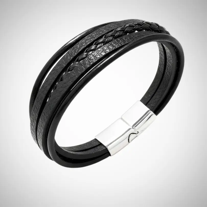 Bracelet Tressé Cuir Homme 3 Bracelet cuir noir tressé et fermoir en acier inoxydable