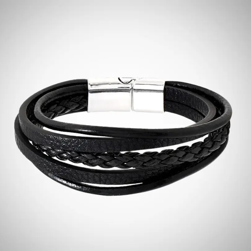 Bracelet Tressé Cuir Homme 2 Bracelet homme multi-rangs en cuir noir avec tresse centrale et fermoir magnétique en acier inoxydable argenté