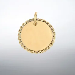 Gravure Pendentif breloque rond doré en acier inoxydable à personnaliser, avec contour torsadé et anneau de suspension, surface lisse idéale pour gravure prénom ou message