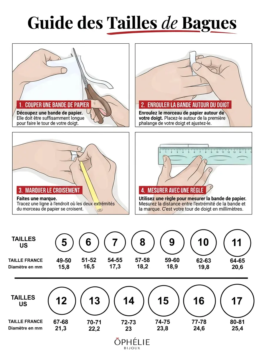 Comment mesurer sa taille de bague ? (2 méthodes) 2 Guide des tailles de bagues : tutoriel en 4 étapes pour mesurer son doigt avec une bande de papier et tableau de correspondance des tailles de bagues US, France et diamètre en mm de la taille 5 (49-50 / 15,8 mm) à la taille 17 (80-81 / 25,4 mm).