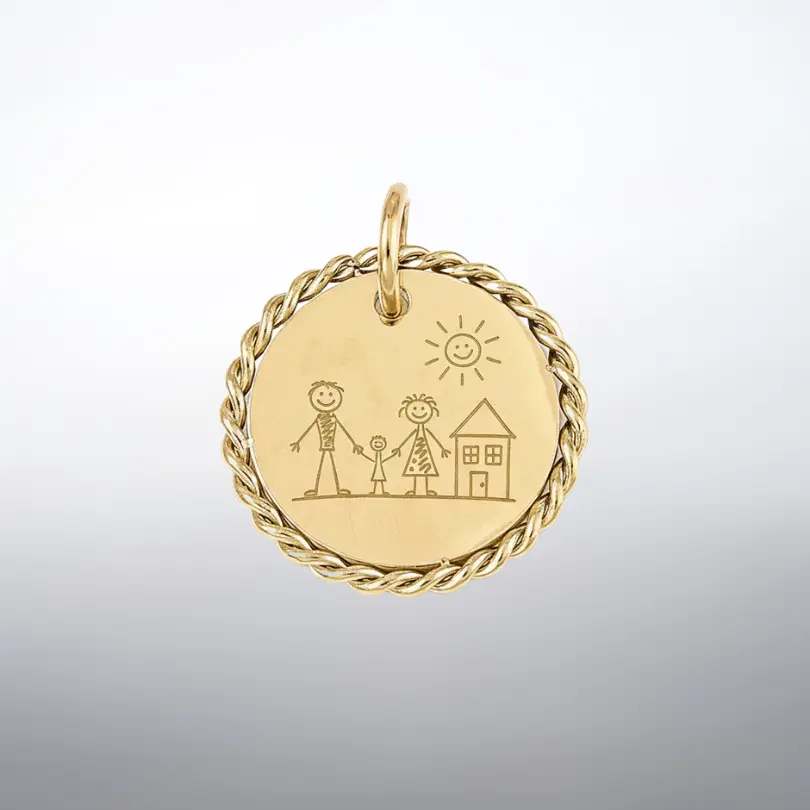 Gravure Pendentif 2 Pendentif breloque rond doré en acier inoxydable gravé d'une scène famille avec parents, enfant, maison et soleil, contour torsadé et anneau de suspension doré