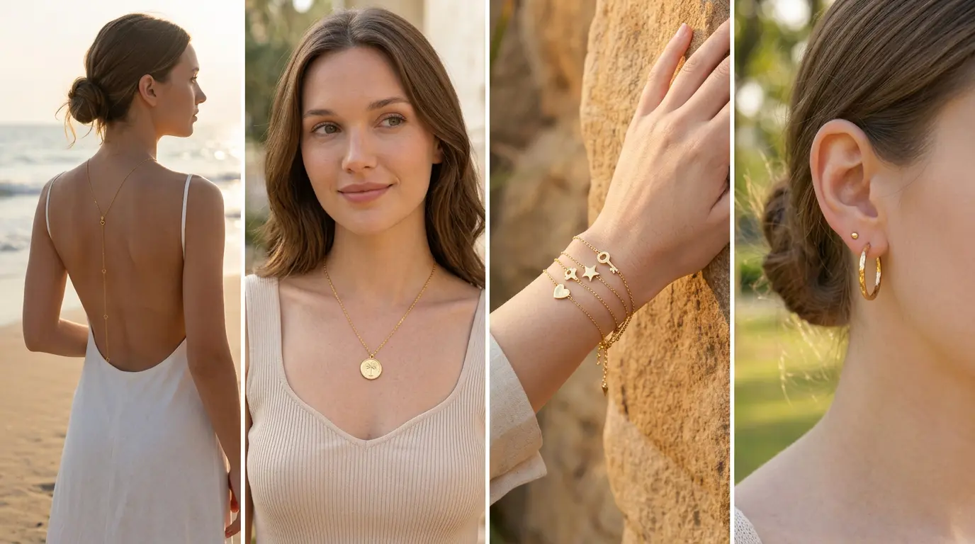 Quels bijoux porter selon les saisons ? 10 Femme portant différents bijoux dorés selon les saisons : collier de dos, pendentif rond, bracelets fins à breloques et créole dorée, dans un décor lumineux naturel (illustration de l'article: Quels bijoux porter selon les saisons ?)