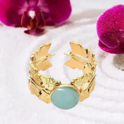 Bagues avec Pierres Naturelles femme dorée en acier inoxydable avec cabochon amazonite, anneau ajustable à motif feuilles de ginkgo biloba, bijou minéral lunaire