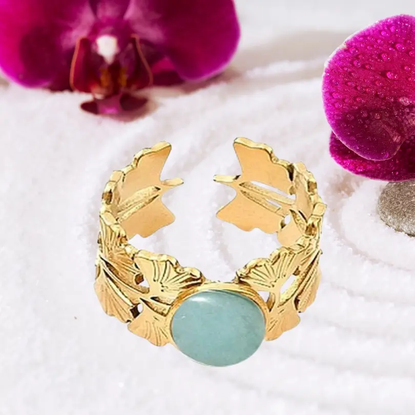 Bagues avec Pierres Naturelles 1 Bagues avec Pierres Naturelles femme dorée en acier inoxydable avec cabochon amazonite, anneau ajustable à motif feuilles de ginkgo biloba, bijou minéral lunaire