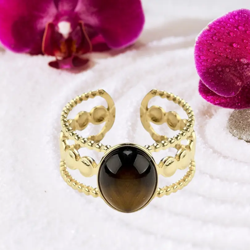 Bagues avec Pierres Naturelles 5 Bague femme dorée en acier inoxydable avec cabochon œil de tigre brun doré chatoyant, anneau ajustable triple rang perlé, bijou pierre naturelle minérale