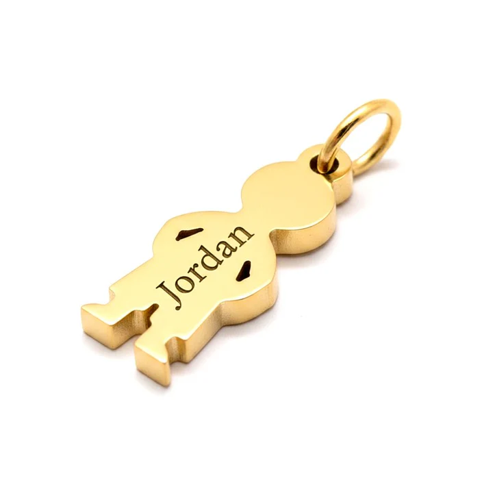 Bijoux Prénom Enfant 4 Pendentif breloque acier doré petit garçon avec gravure du prénom Jordan, bijou enfant personnalisé à offrir