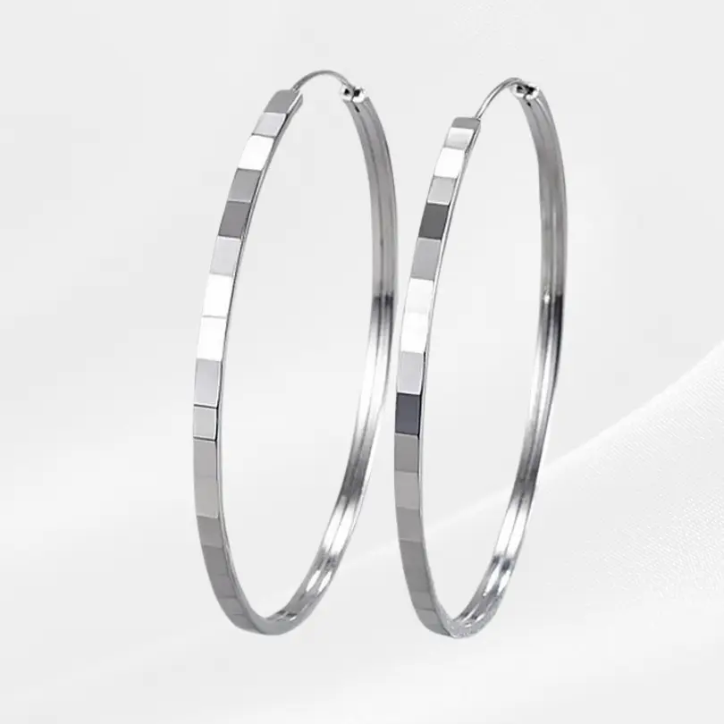 Boucles d'oreilles Créoles Argent 3 Créoles argent 925 Valentina à motif géométrique pavé, grand anneau rond de 50 mm, boucles d'oreilles femme facettées Ophélie Bijoux