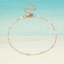 Chaîne de Cheville Perle dorée en acier inoxydable avec perles d'eau douce naturelles, fermoir mousqueton ajustable, fond plage turquoise