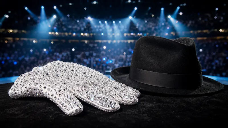 Bijoux Michael Jackson et sa famille (film 2026) 4 Gant de scène blanc incrusté de cristaux à côté d’un Fedora noir, dans une ambiance de concert en stade la nuit | article de blog: bijoux Michael Jackson