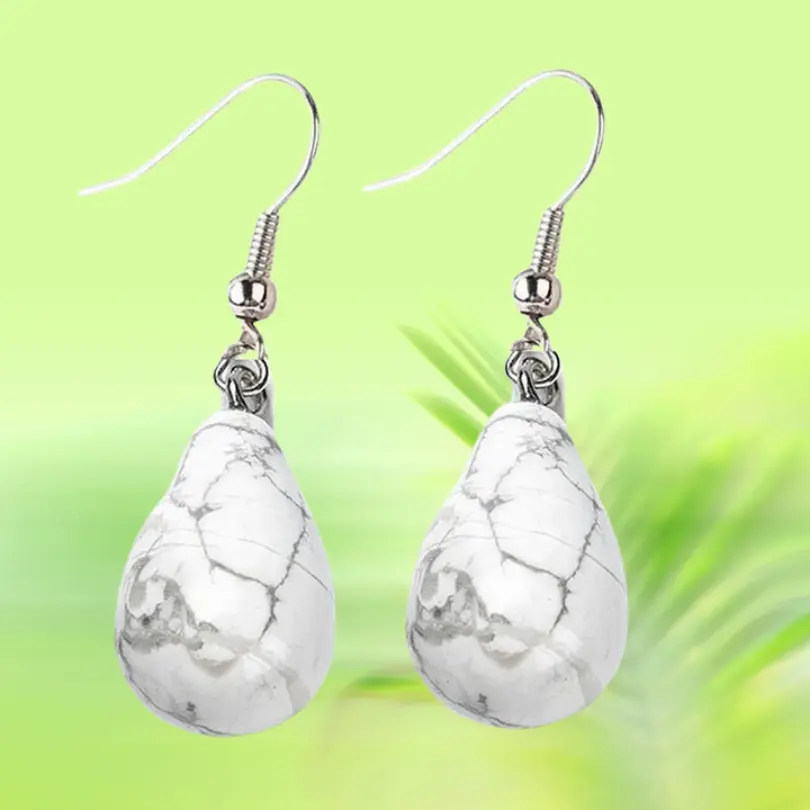 Boucles d'oreilles Pierres Naturelles 6 Boucles d'oreilles goutte en howlite naturelle blanche veinée de gris, monture crochet acier inoxydable 316 – Ophélie Bijoux
