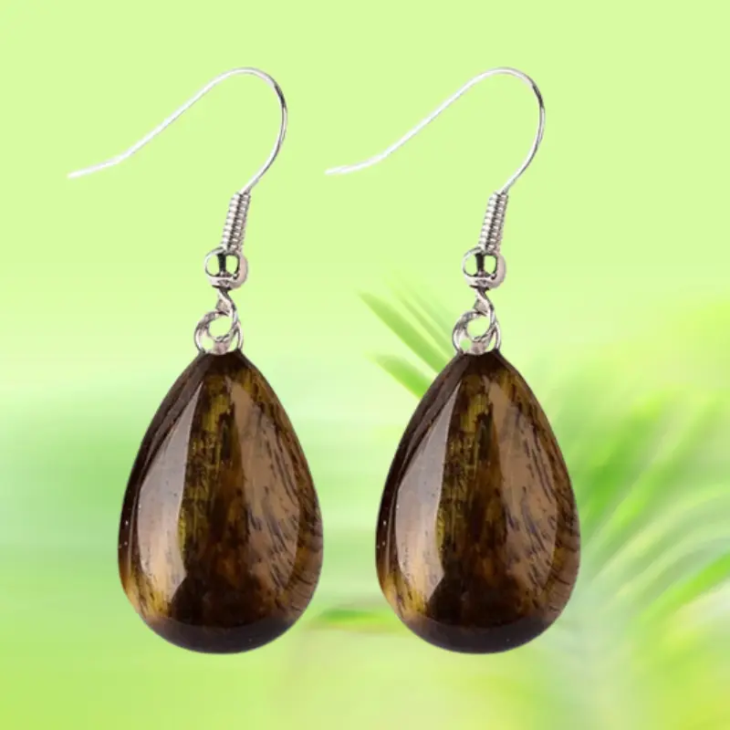 Boucles d'oreilles Pierres Naturelles 3 Boucles d'oreilles goutte en œil de tigre naturel brun doré chatoyant, monture crochet acier inoxydable 316 – Ophélie Bijoux
