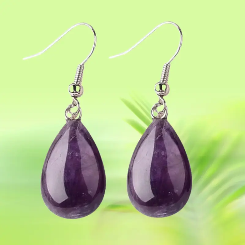Boucles d'oreilles Pierres Naturelles 1 Boucles d'oreilles pierres naturelles goutte en améthyste violette, monture crochet en acier inoxydable 316, 40x13mm – Ophélie Bijoux