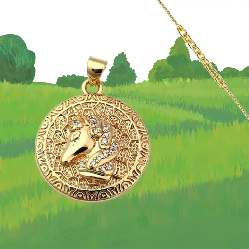 Pendentif Cheval 6 Collier pendentif médaillon rond tête de cheval en métal doré avec zircons cubiques sertis, chaîne dorée fine, bijou équestre gravé plaqué or