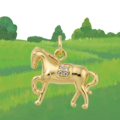 Pendentif Cheval breloque en métal doré avec zirconiums sertis sur le dos, plaquage or 1 micron, charm équestre 18x15mm pour collier ou bracelet