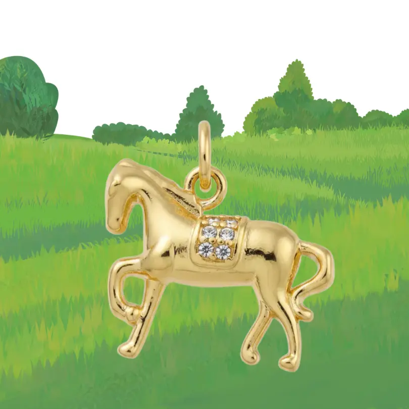 Pendentif Cheval 1 Pendentif Cheval breloque en métal doré avec zirconiums sertis sur le dos, plaquage or 1 micron, charm équestre 18x15mm pour collier ou bracelet