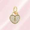 Charm Coeur cadenas plaqué or, pavé de zirconiums sertis, anneau de suspension doré, pour bracelet ou collier personnalisé