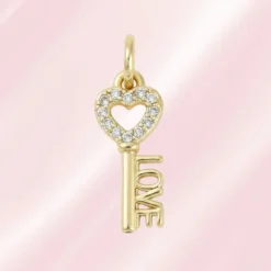Pendentif breloque clés love plaqué or, cœur ajouré zirconiums sertis, gravure Love, pour collier ou bracelet personnalisé