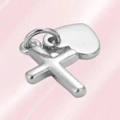Pendentif breloque croix et cœur en métal argenté lisse, sans pierre, anneau argenté, pour collier ou bracelet personnalisé